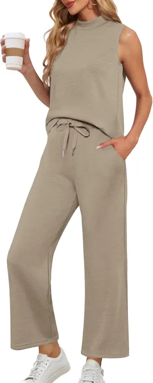 Lepunuo Two Piece Sets for Women Summer Mock Neck Sleeveless Top Wide Leg Pants Lounge Sets Vacation Travel Outfits