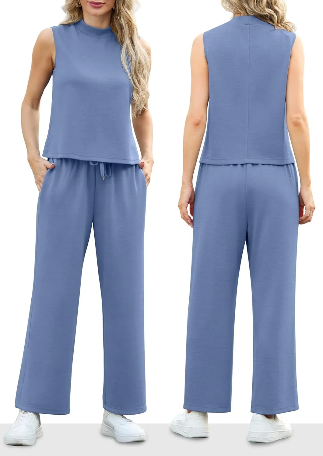 Lepunuo Two Piece Sets for Women Summer Mock Neck Sleeveless Top Wide Leg Pants Lounge Sets Vacation Travel Outfits