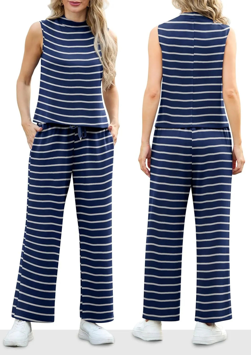 Lepunuo Two Piece Sets for Women Summer Mock Neck Sleeveless Top Wide Leg Pants Lounge Sets Vacation Travel Outfits