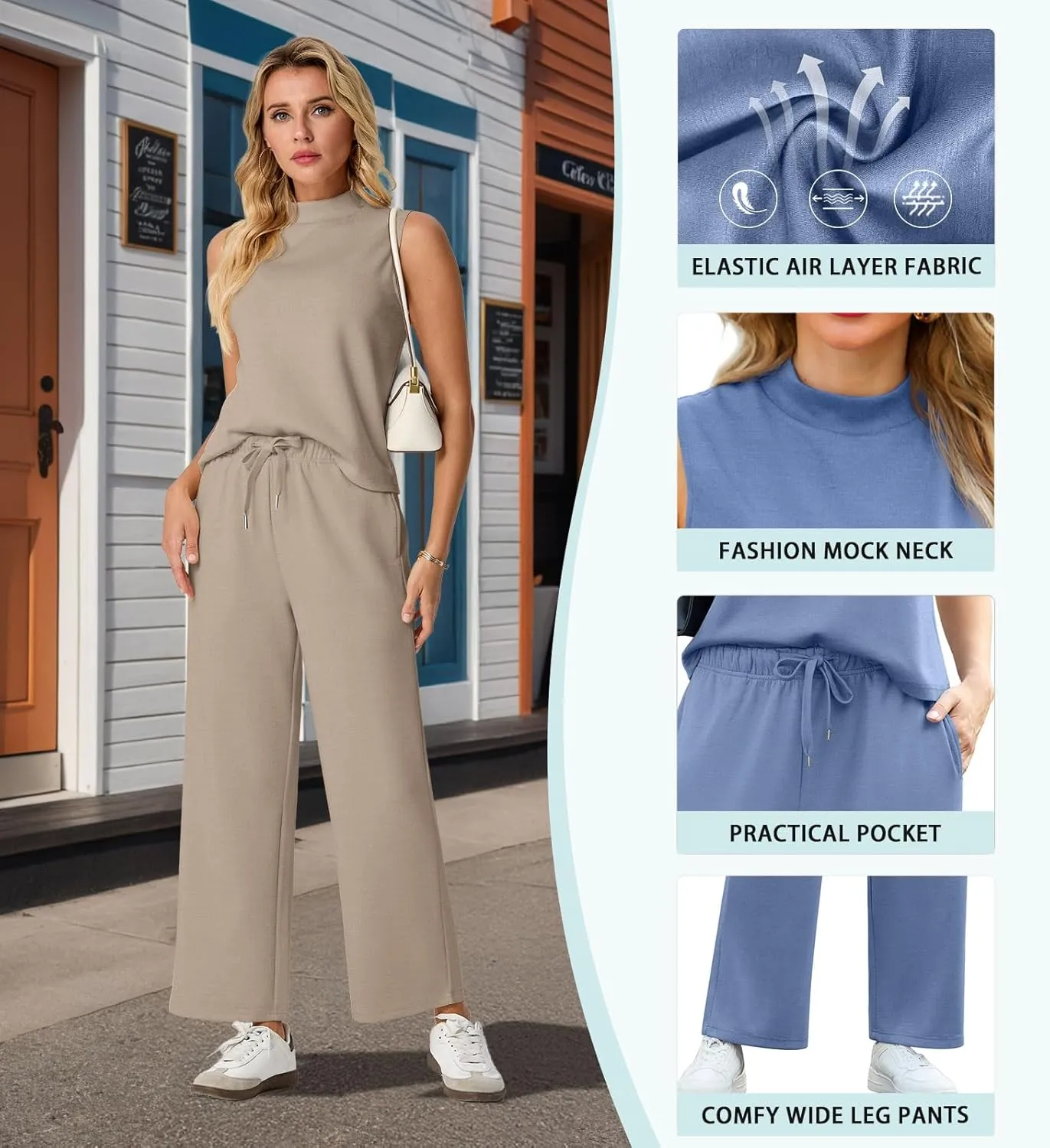 Lepunuo Two Piece Sets for Women Summer Mock Neck Sleeveless Top Wide Leg Pants Lounge Sets Vacation Travel Outfits