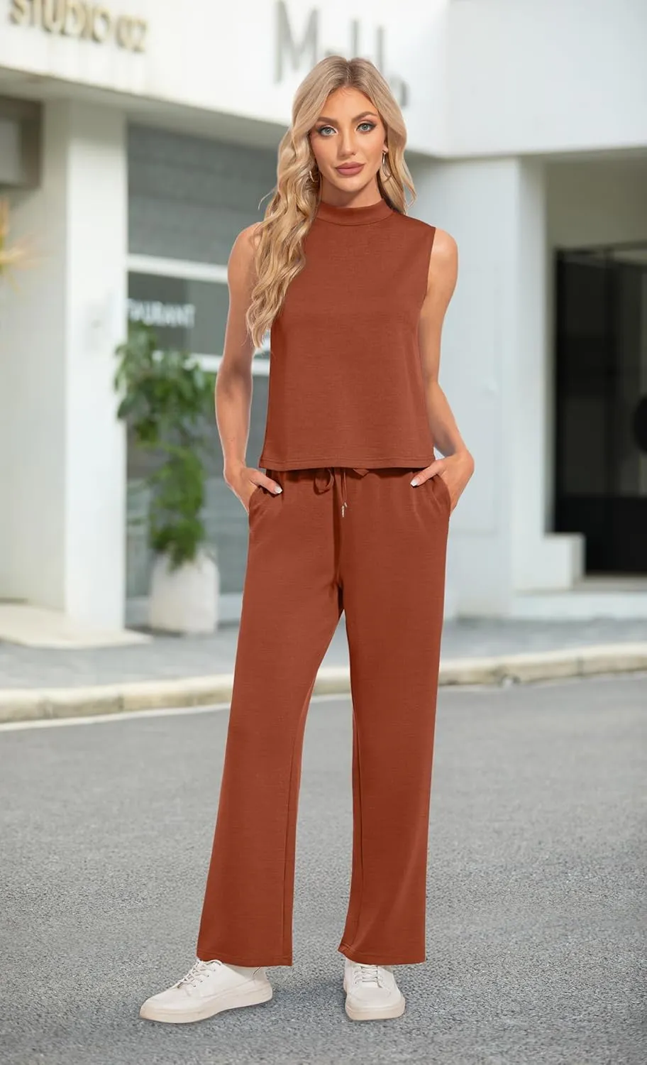 Lepunuo Two Piece Sets for Women Summer Mock Neck Sleeveless Top Wide Leg Pants Lounge Sets Vacation Travel Outfits