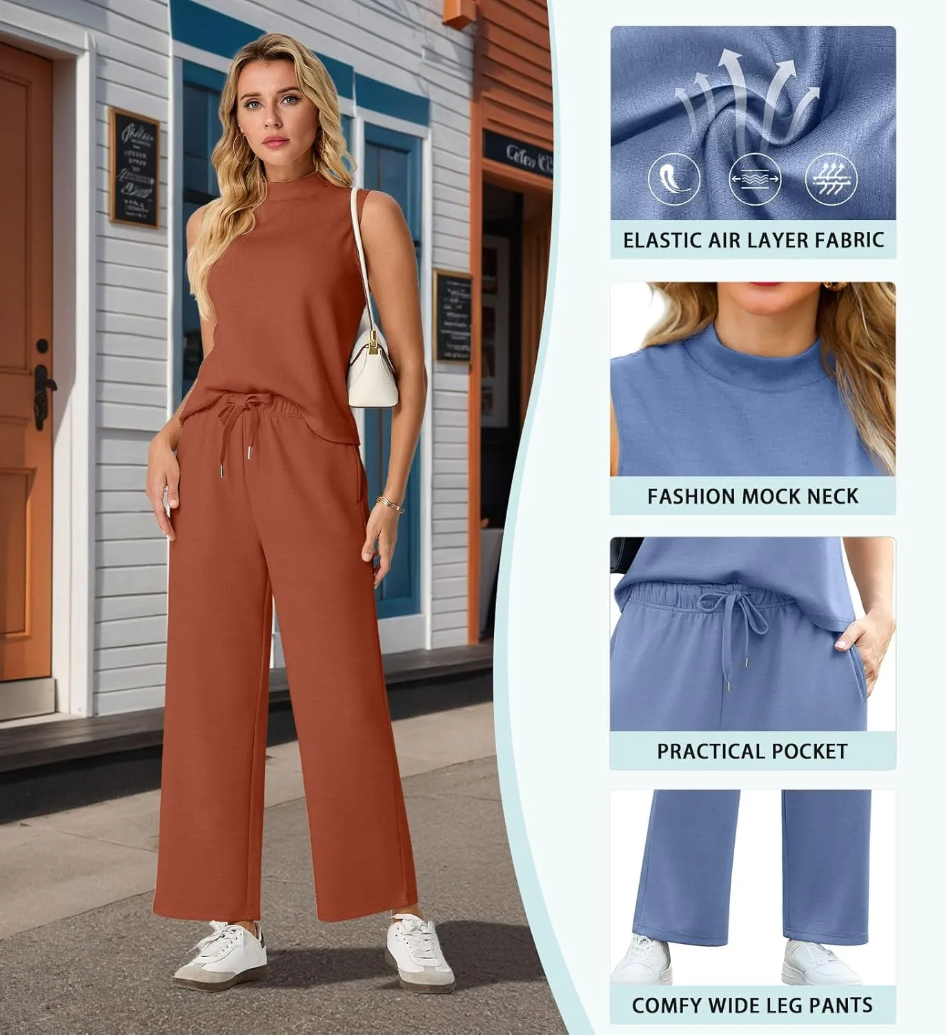 Lepunuo Two Piece Sets for Women Summer Mock Neck Sleeveless Top Wide Leg Pants Lounge Sets Vacation Travel Outfits