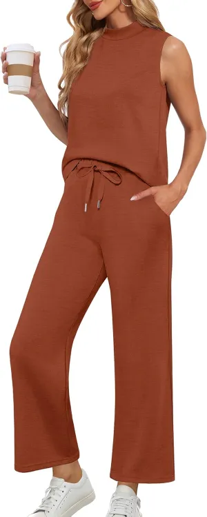 Lepunuo Two Piece Sets for Women Summer Mock Neck Sleeveless Top Wide Leg Pants Lounge Sets Vacation Travel Outfits