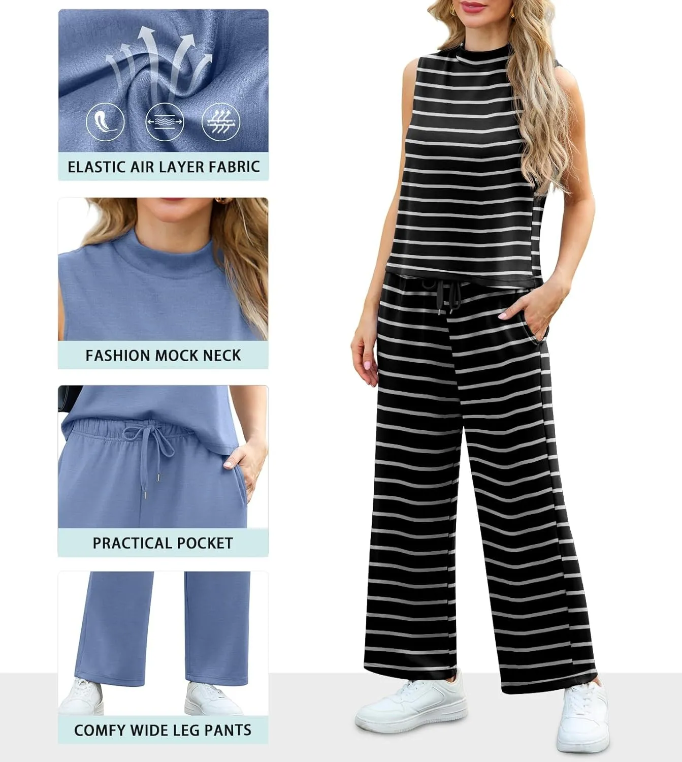 Lepunuo Two Piece Sets for Women Summer Mock Neck Sleeveless Top Wide Leg Pants Lounge Sets Vacation Travel Outfits