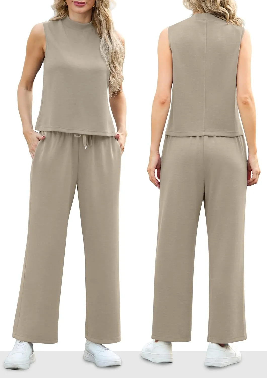 Lepunuo Two Piece Sets for Women Summer Mock Neck Sleeveless Top Wide Leg Pants Lounge Sets Vacation Travel Outfits