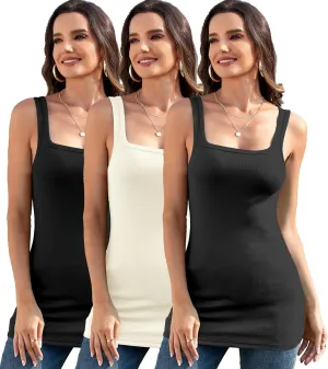 Long Tank Tops Cotton Ribbed Shirts Square Neck Camis Sleeveless Undershirts 2/3 Packs