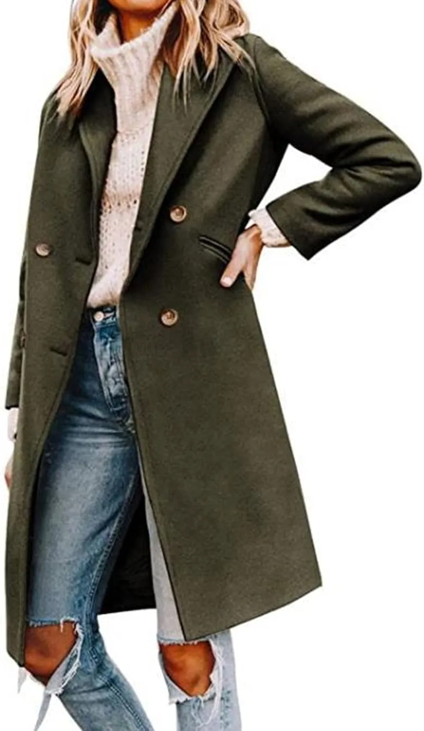 Maiyifu-GJ Womens Notched Lapel Mid Long Trench Coat Double Breasted Wool Blend Coat Winter Casual Long Jackets