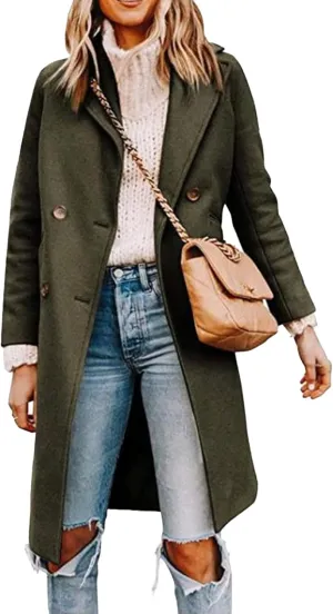 Maiyifu-GJ Womens Notched Lapel Mid Long Trench Coat Double Breasted Wool Blend Coat Winter Casual Long Jackets
