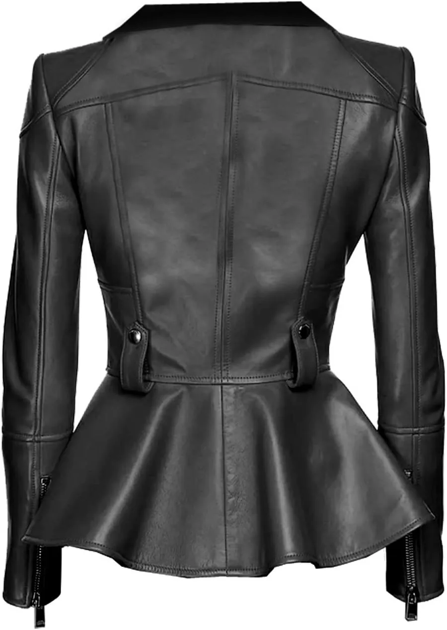 Medusa Black Peplum Fashionable Designer Genuine Leather Jacket Women Missy Plus Size