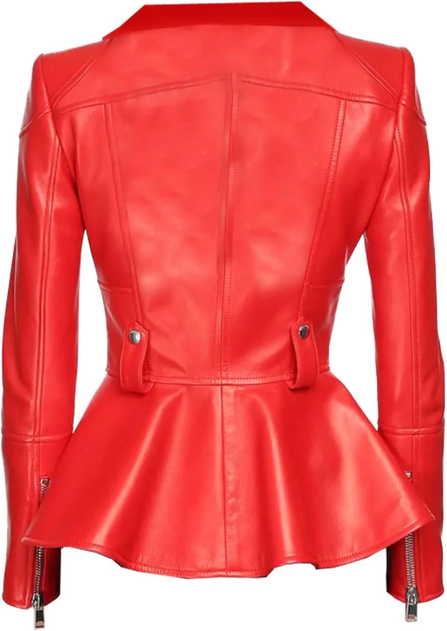 Medusa Black Peplum Fashionable Designer Genuine Leather Jacket Women Missy Plus Size