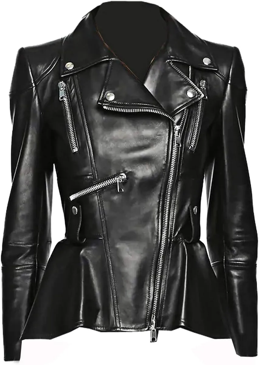 Medusa Black Peplum Fashionable Designer Genuine Leather Jacket Women Missy Plus Size