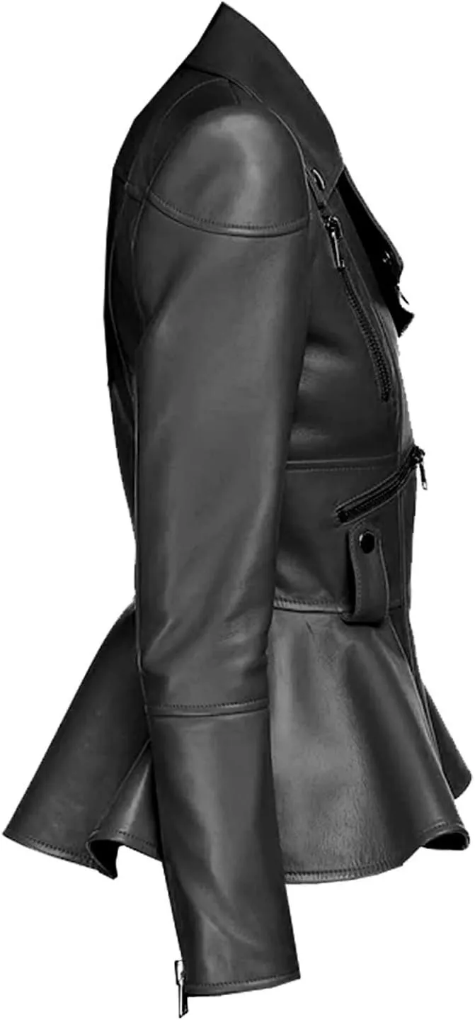 Medusa Black Peplum Fashionable Designer Genuine Leather Jacket Women Missy Plus Size