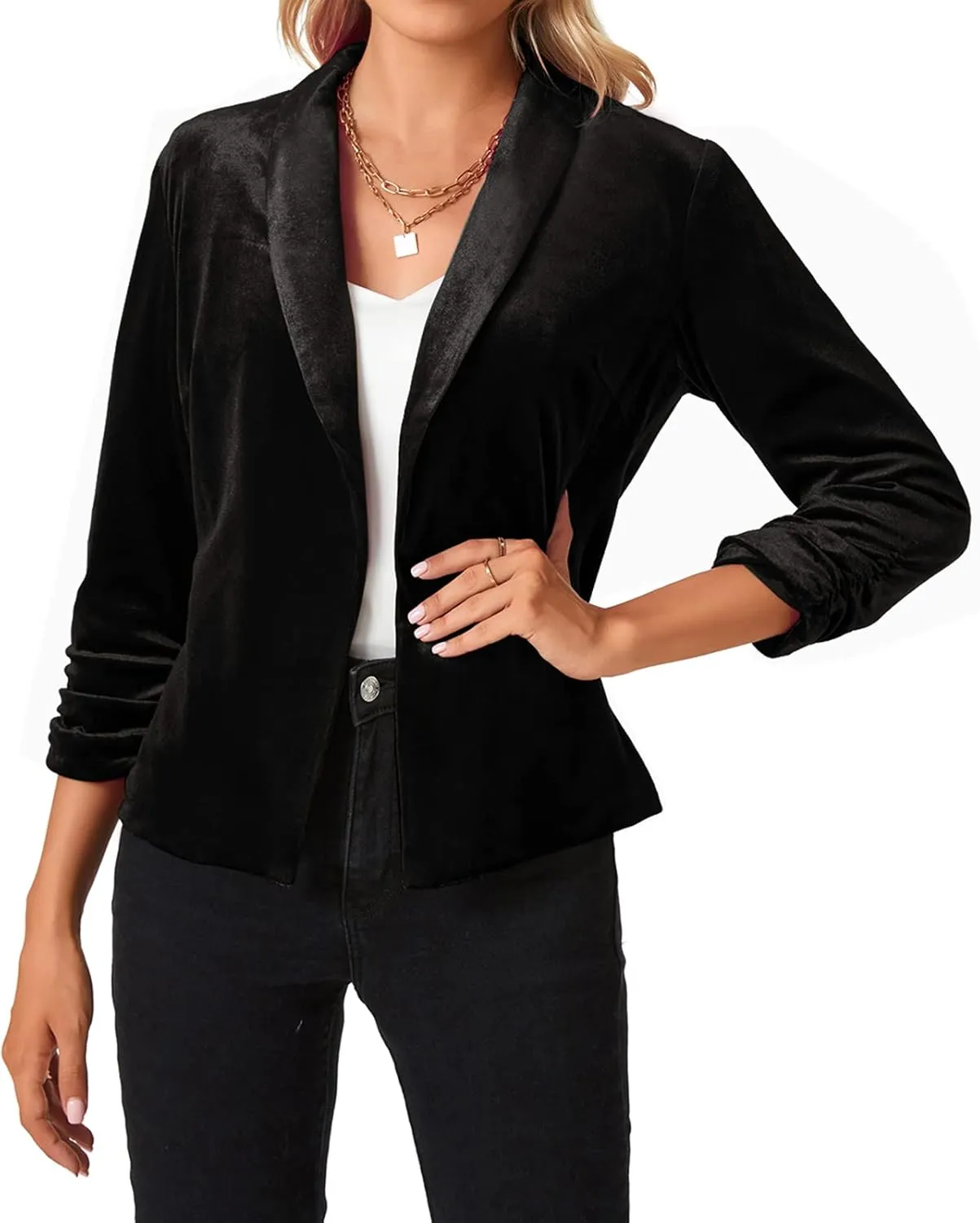MINTLIMIT Women's Velvet Blazer 3/4 Ruched Sleeve Open Front Blazers Casual Lightweight Shawl Lapel Jackets