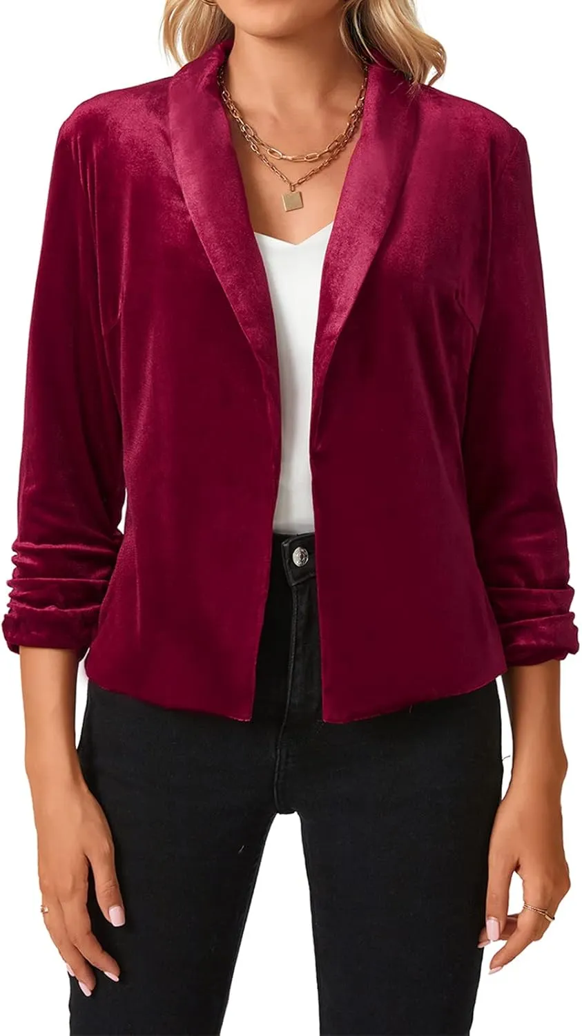 MINTLIMIT Women's Velvet Blazer 3/4 Ruched Sleeve Open Front Blazers Casual Lightweight Shawl Lapel Jackets