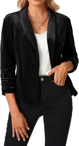 MINTLIMIT Women's Velvet Blazer 3/4 Ruched Sleeve Open Front Blazers Casual Lightweight Shawl Lapel Jackets