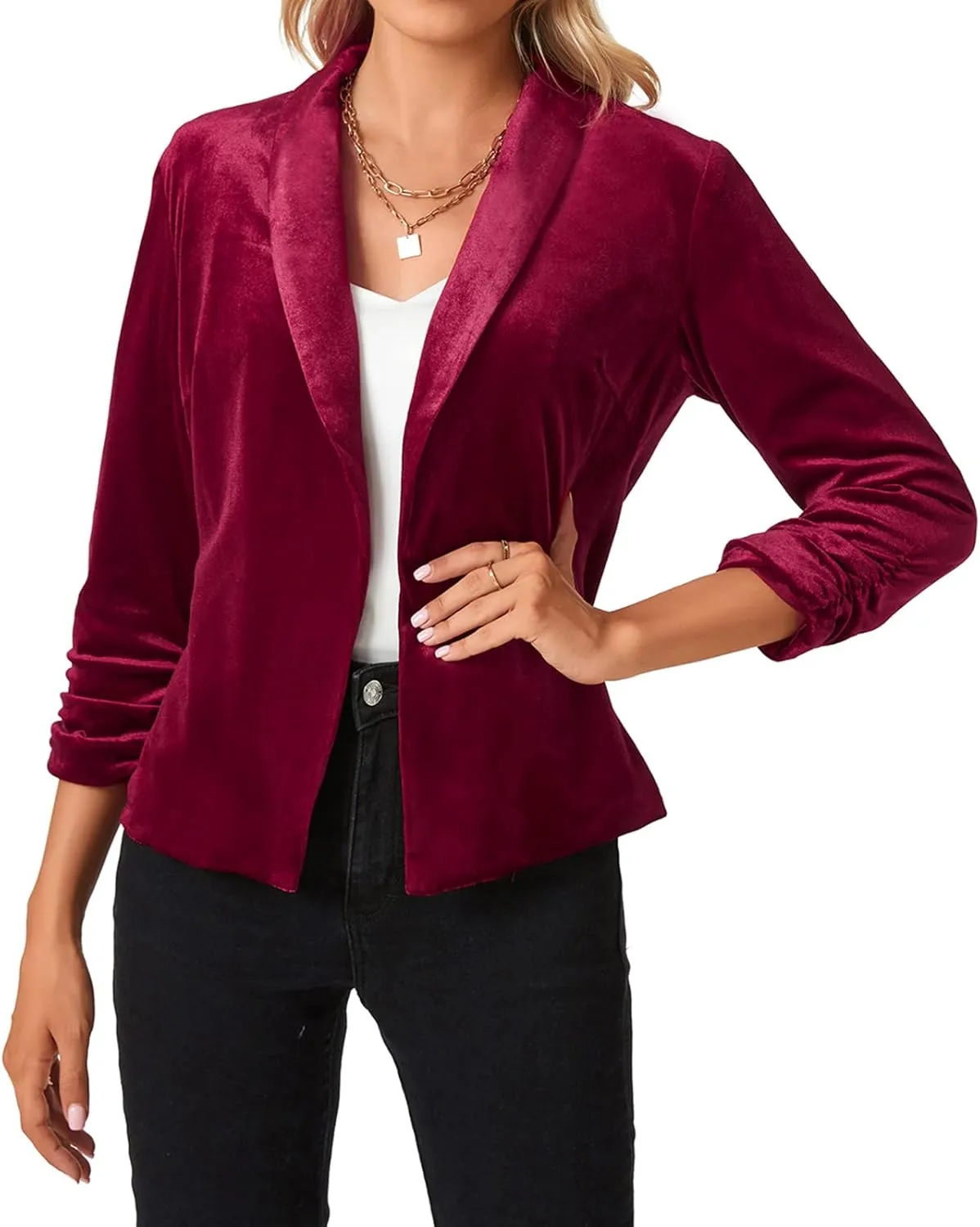 MINTLIMIT Women's Velvet Blazer 3/4 Ruched Sleeve Open Front Blazers Casual Lightweight Shawl Lapel Jackets