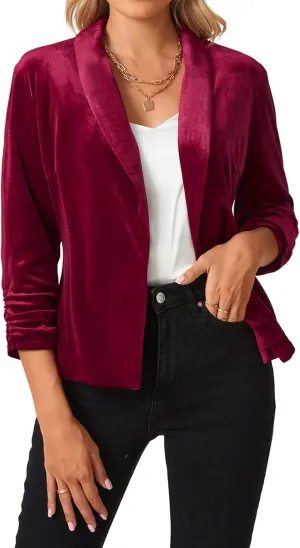 MINTLIMIT Women's Velvet Blazer 3/4 Ruched Sleeve Open Front Blazers Casual Lightweight Shawl Lapel Jackets