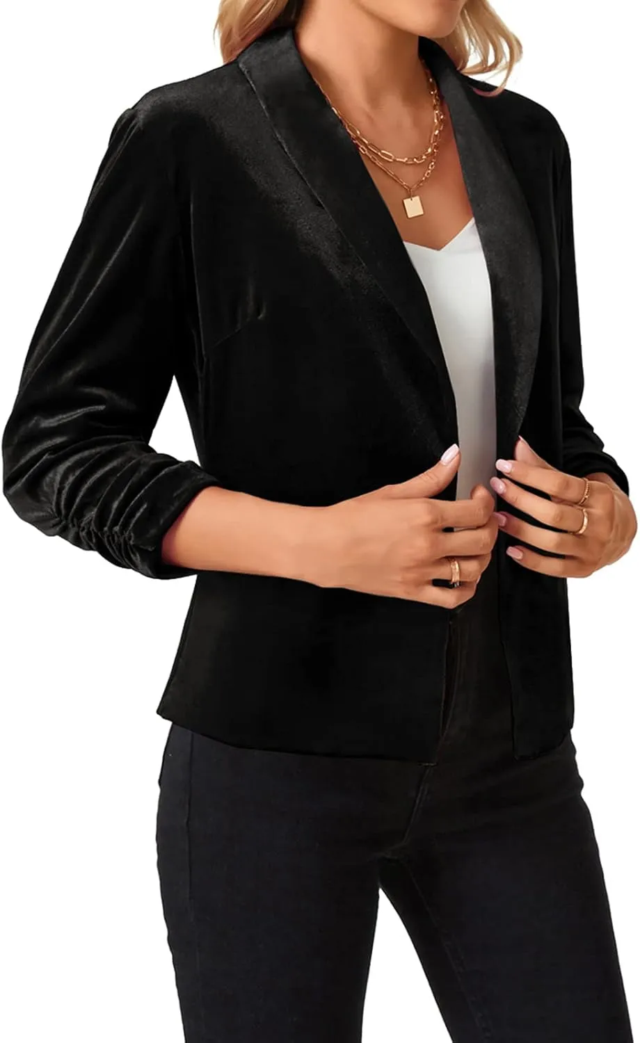 MINTLIMIT Women's Velvet Blazer 3/4 Ruched Sleeve Open Front Blazers Casual Lightweight Shawl Lapel Jackets