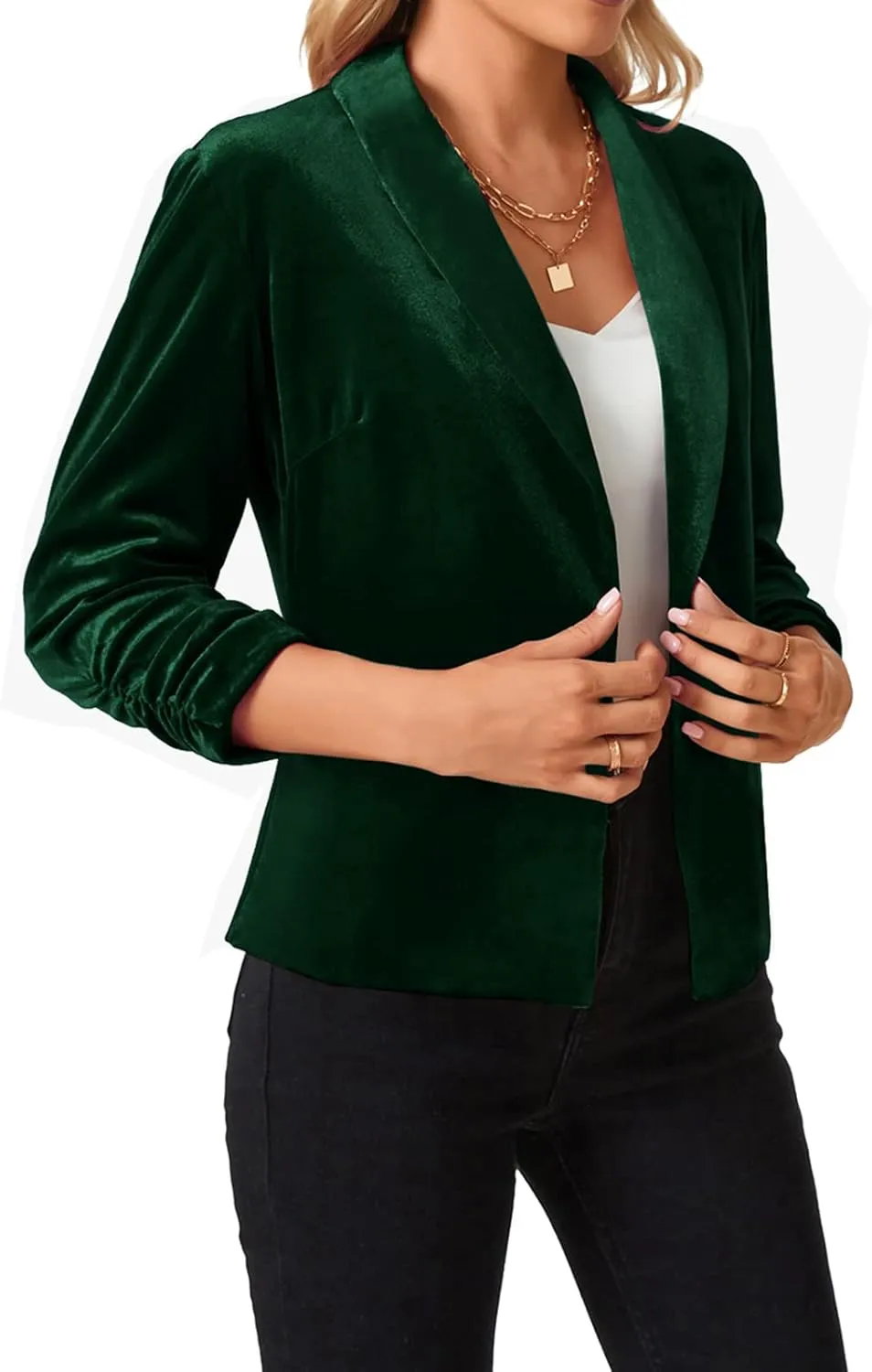 MINTLIMIT Women's Velvet Blazer 3/4 Ruched Sleeve Open Front Blazers Casual Lightweight Shawl Lapel Jackets