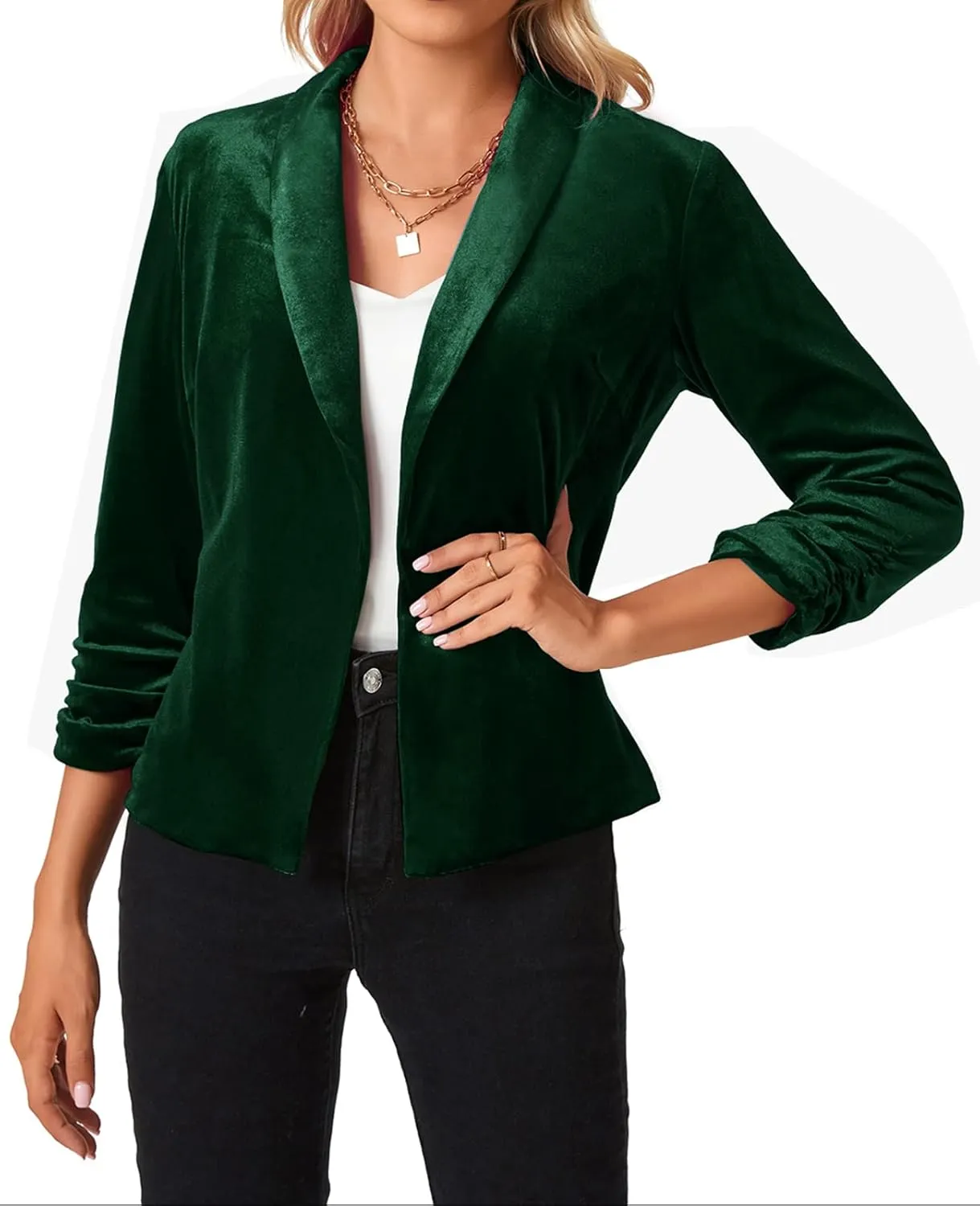 MINTLIMIT Women's Velvet Blazer 3/4 Ruched Sleeve Open Front Blazers Casual Lightweight Shawl Lapel Jackets