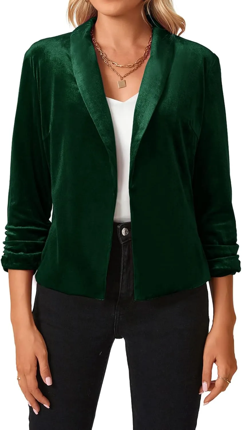 MINTLIMIT Women's Velvet Blazer 3/4 Ruched Sleeve Open Front Blazers Casual Lightweight Shawl Lapel Jackets