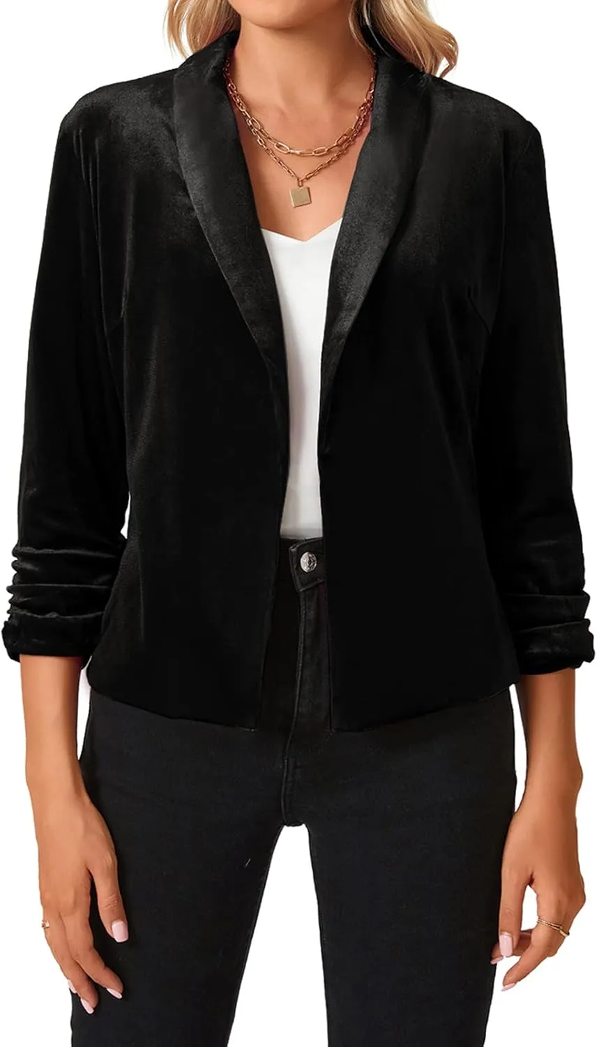MINTLIMIT Women's Velvet Blazer 3/4 Ruched Sleeve Open Front Blazers Casual Lightweight Shawl Lapel Jackets