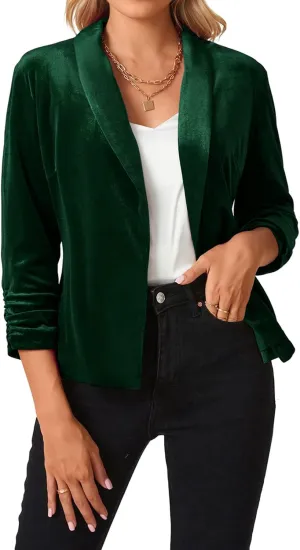 MINTLIMIT Women's Velvet Blazer 3/4 Ruched Sleeve Open Front Blazers Casual Lightweight Shawl Lapel Jackets