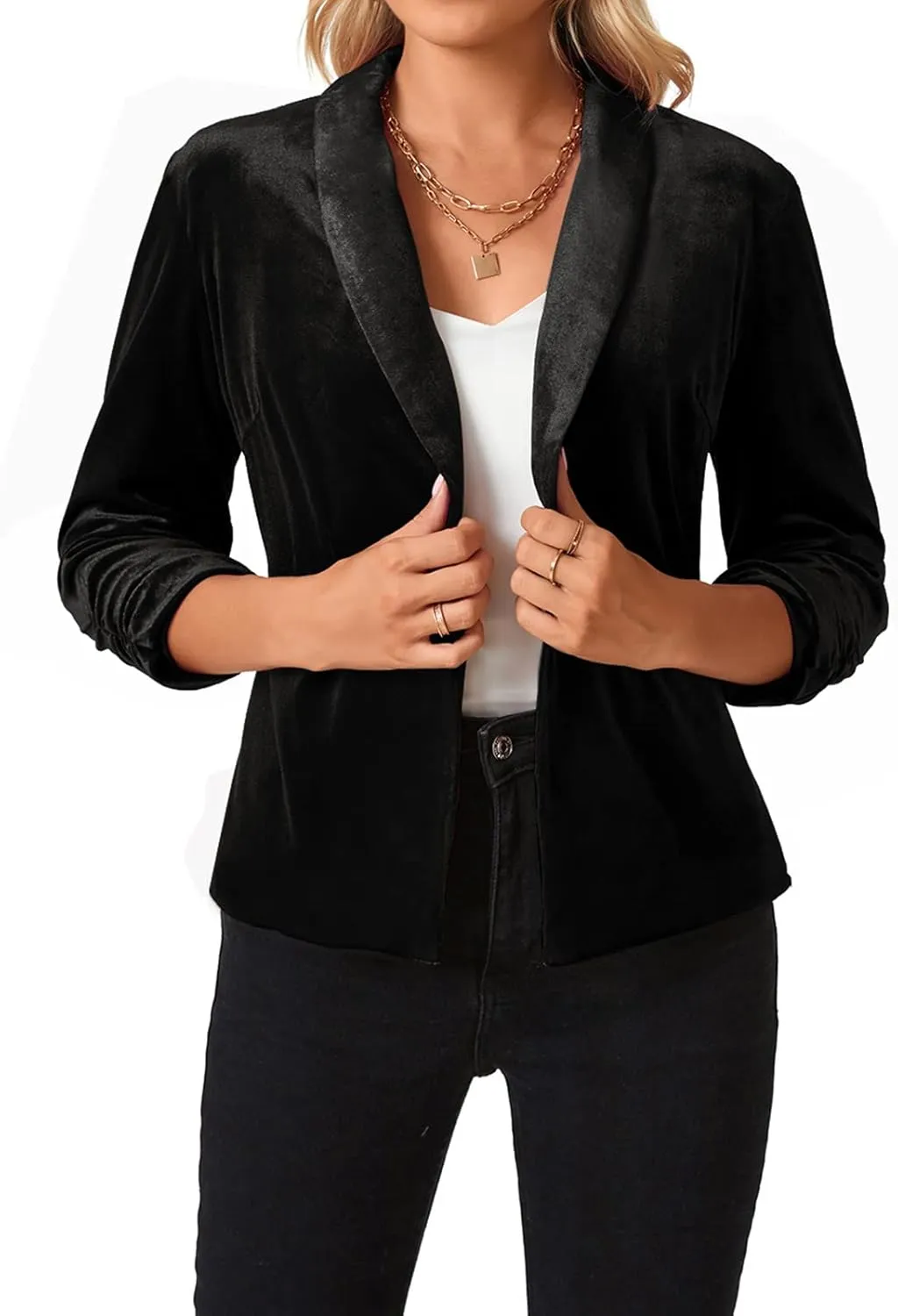 MINTLIMIT Women's Velvet Blazer 3/4 Ruched Sleeve Open Front Blazers Casual Lightweight Shawl Lapel Jackets