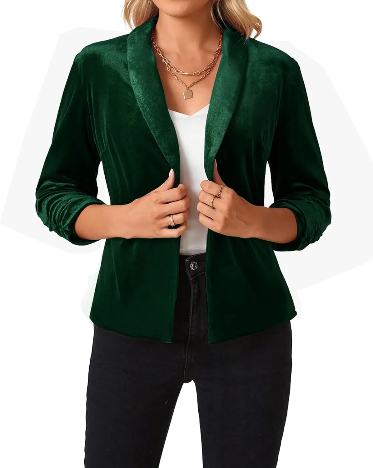 MINTLIMIT Women's Velvet Blazer 3/4 Ruched Sleeve Open Front Blazers Casual Lightweight Shawl Lapel Jackets