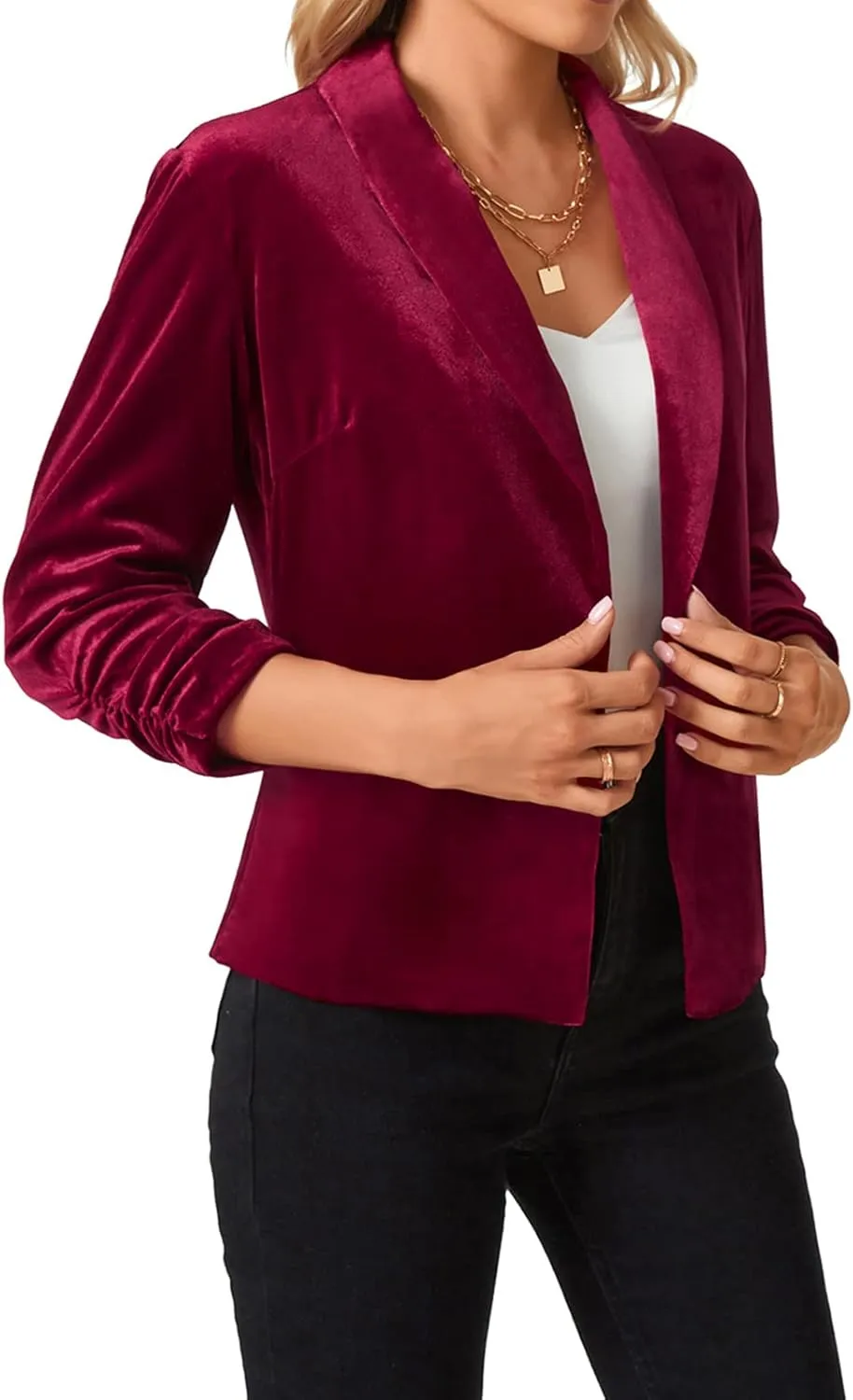 MINTLIMIT Women's Velvet Blazer 3/4 Ruched Sleeve Open Front Blazers Casual Lightweight Shawl Lapel Jackets