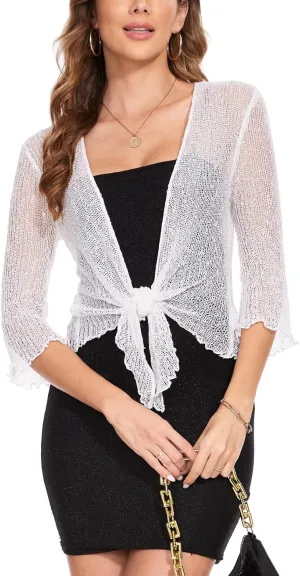 MISS MOLY Women Sheer Shrug Cardigan, Bolero Shrug Sweaters for Dresses, Tie Front Lightweight Crop Knit, Short Cover Up Tops