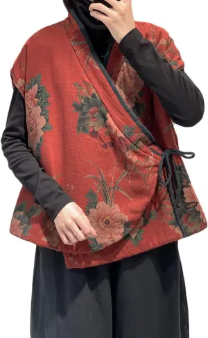 NFYM Women's Cotton Lined Vest Flower Printed Sleeveless Cardigan Spring Fall Vintage Outwear Tops