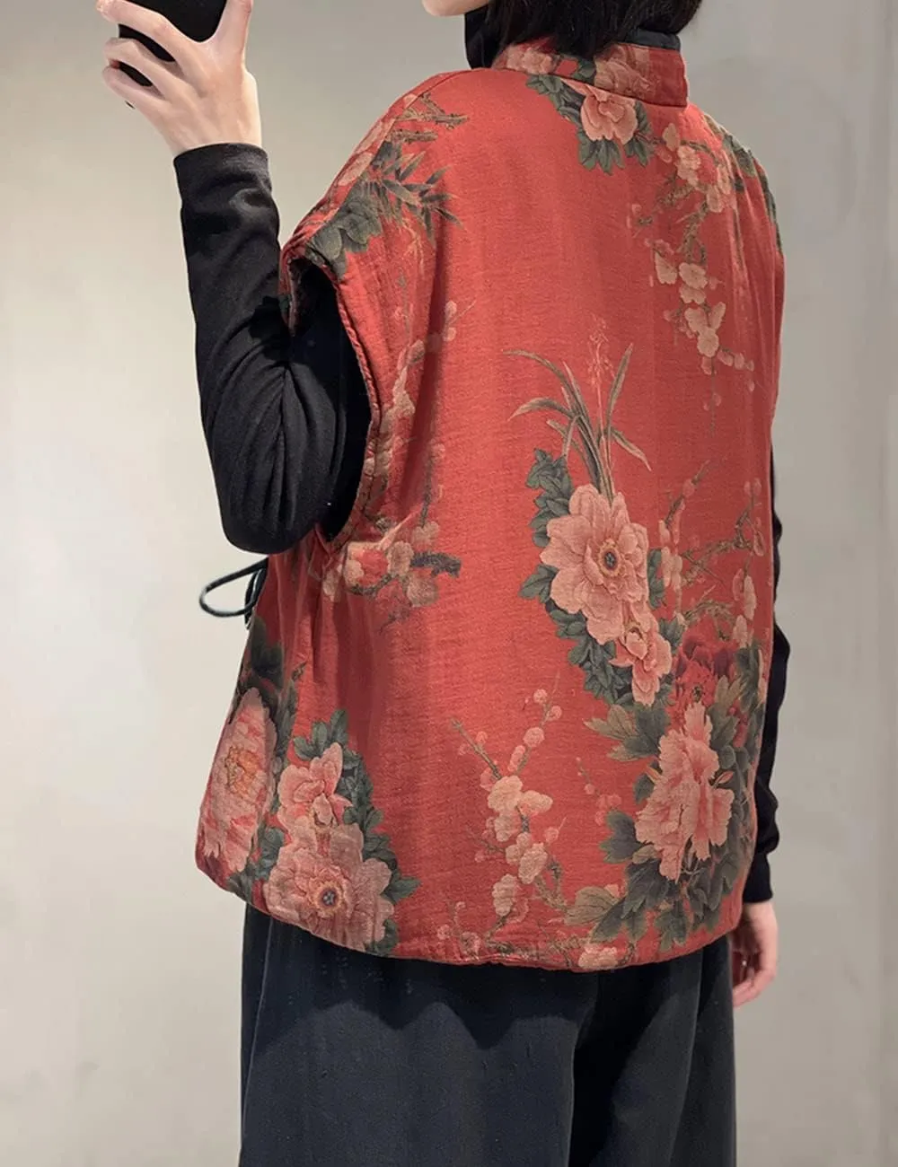 NFYM Women's Cotton Lined Vest Flower Printed Sleeveless Cardigan Spring Fall Vintage Outwear Tops