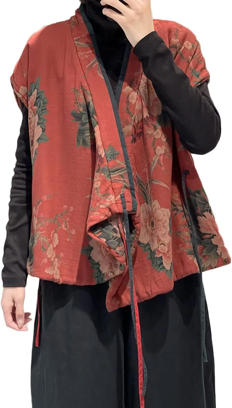 NFYM Women's Cotton Lined Vest Flower Printed Sleeveless Cardigan Spring Fall Vintage Outwear Tops