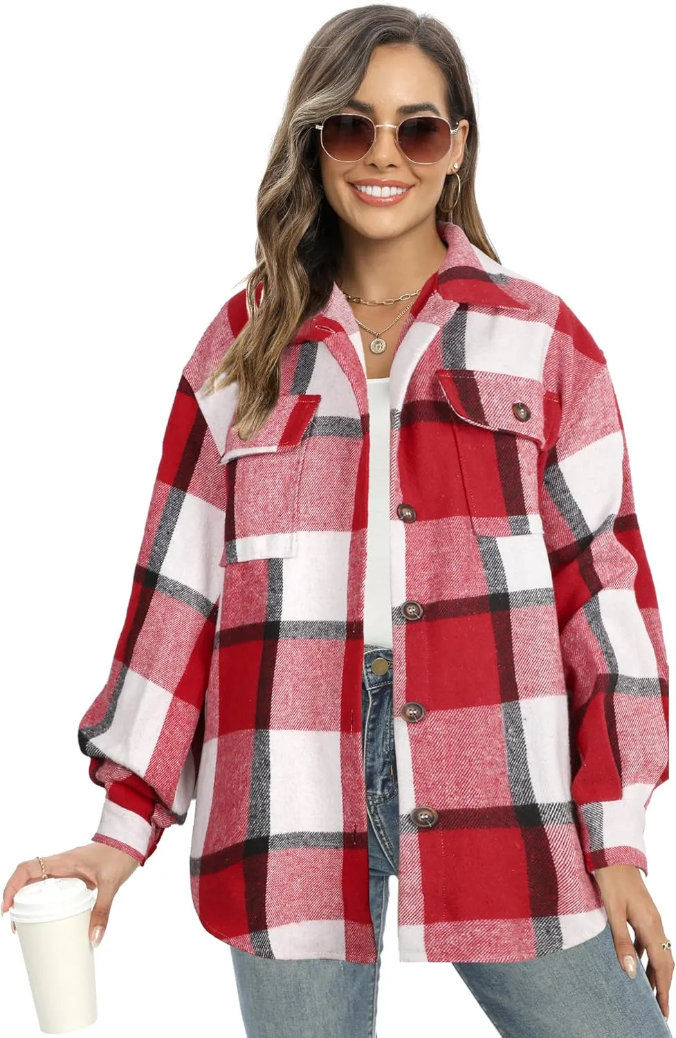NIeyook Women's Casual Plaid Flannel Shacket Jacket Oversized Button Down Long Sleeve Fall Shirts Jacket Lapel Coats Tops