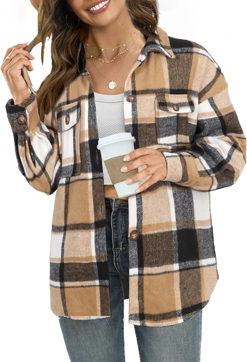 NIeyook Women's Casual Plaid Flannel Shacket Jacket Oversized Button Down Long Sleeve Fall Shirts Jacket Lapel Coats Tops