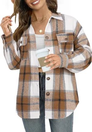 NIeyook Women's Casual Plaid Flannel Shacket Jacket Oversized Button Down Long Sleeve Fall Shirts Jacket Lapel Coats Tops