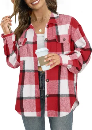 NIeyook Women's Casual Plaid Flannel Shacket Jacket Oversized Button Down Long Sleeve Fall Shirts Jacket Lapel Coats Tops