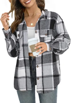 NIeyook Women's Casual Plaid Flannel Shacket Jacket Oversized Button Down Long Sleeve Fall Shirts Jacket Lapel Coats Tops