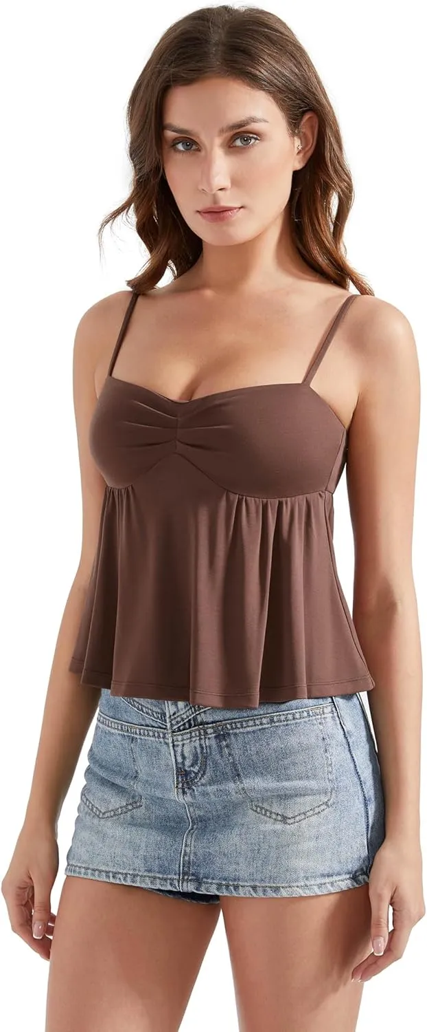 OMKAGI Cute Peplum Camisole Tops for Women Built in Bra Sleeveless Going Out Tank Top