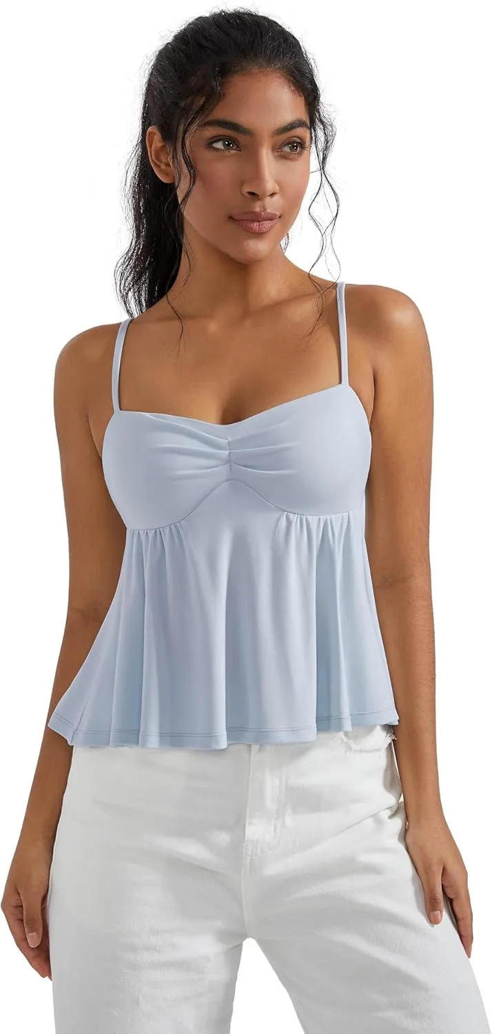 OMKAGI Cute Peplum Camisole Tops for Women Built in Bra Sleeveless Going Out Tank Top