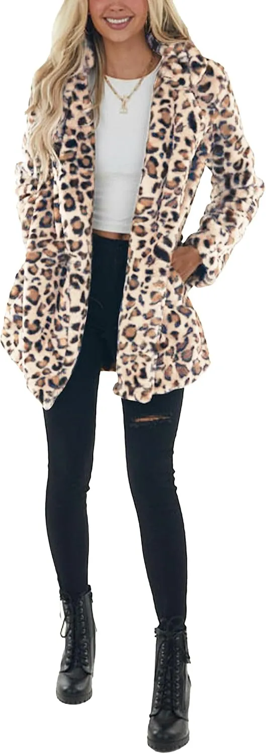 Omoone Women's Faux Fur Jackets Autumn Winter Leopard Coats Loose Fur Coat with Pockets