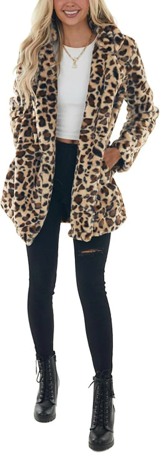 Omoone Women's Faux Fur Jackets Autumn Winter Leopard Coats Loose Fur Coat with Pockets