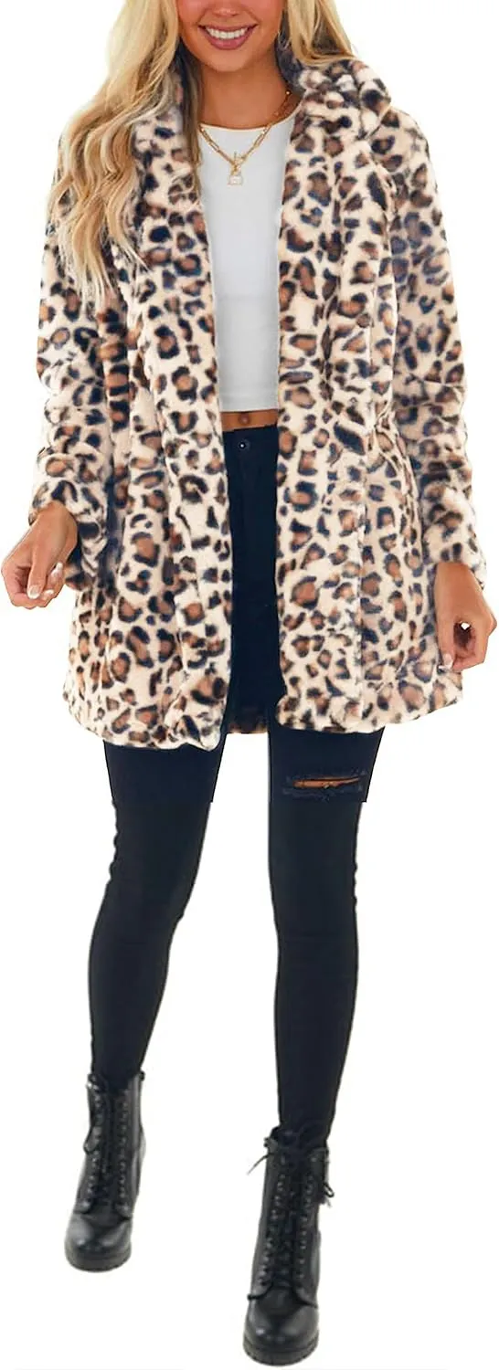 Omoone Women's Faux Fur Jackets Autumn Winter Leopard Coats Loose Fur Coat with Pockets