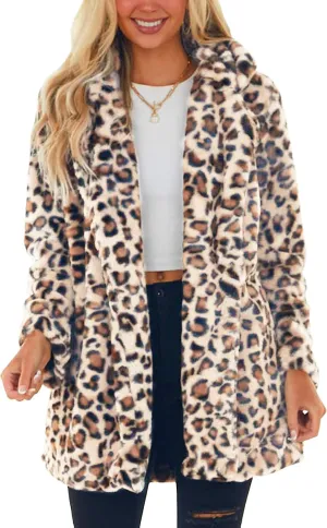 Omoone Women's Faux Fur Jackets Autumn Winter Leopard Coats Loose Fur Coat with Pockets