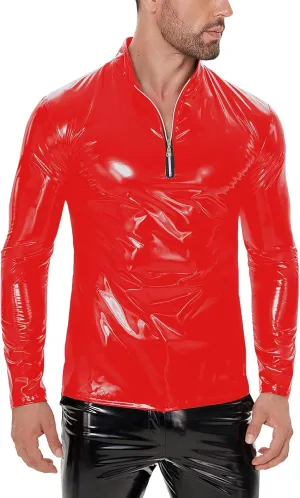 Panegy Men's Liquid Shiny Leather Shirt Jacket Slim Fit Wetlook Party Nightout Club 70s/80s Disco Blouse Tshirt
