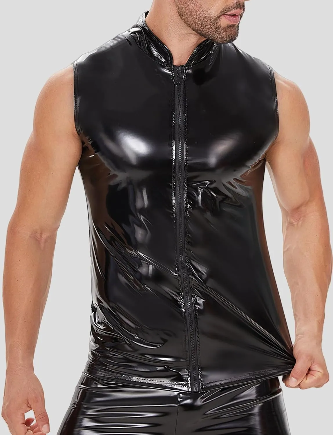 Panegy Men's Liquid Shiny Leather Shirt Jacket Slim Fit Wetlook Party Nightout Club 70s/80s Disco Blouse Tshirt