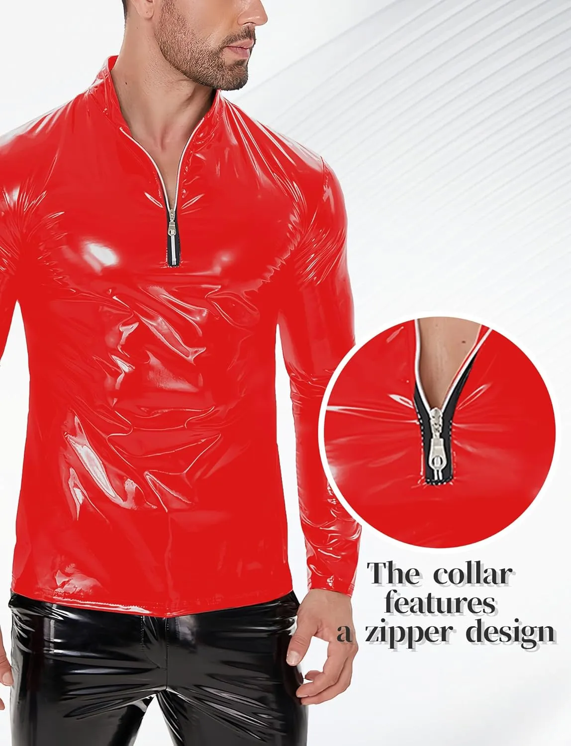 Panegy Men's Liquid Shiny Leather Shirt Jacket Slim Fit Wetlook Party Nightout Club 70s/80s Disco Blouse Tshirt