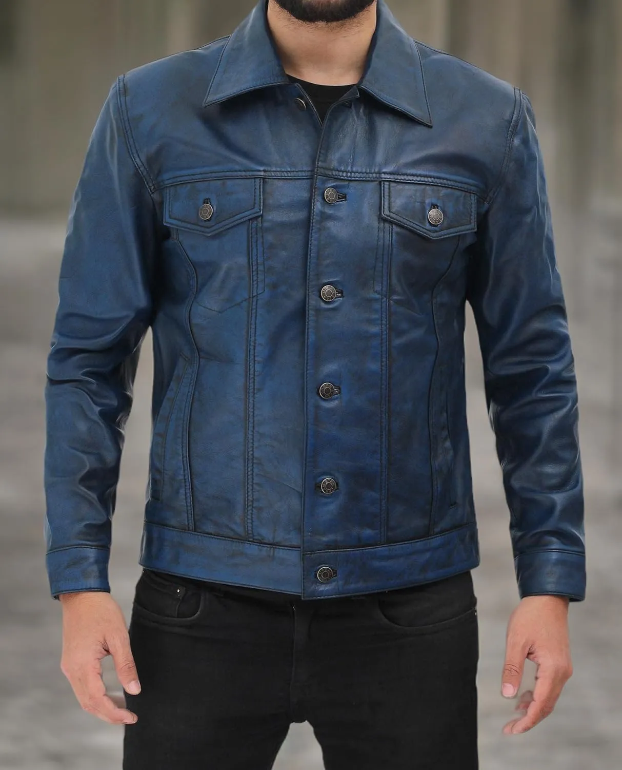 Premium Lambskin Leather Vintage Trucker Jacket Men - Shirt Collar Leather Jackets For Mens