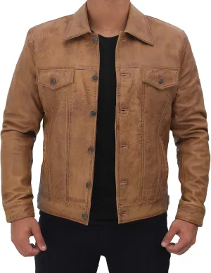Premium Lambskin Leather Vintage Trucker Jacket Men - Shirt Collar Leather Jackets For Mens